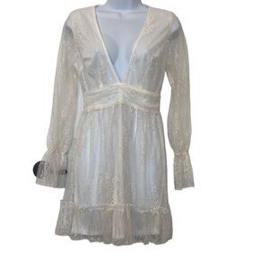 PrettyLittleThing White Lace Deep Plunge Long Sleeve Fit Flare Ruffle Dress Sz 4